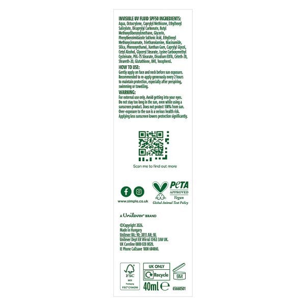 Simple Invisible Uv Fluid Spf50 40Ml