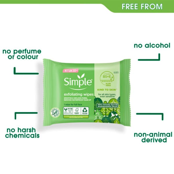 Simple Kind to Skin Biodegradable Exfoliating Wipes 20pc