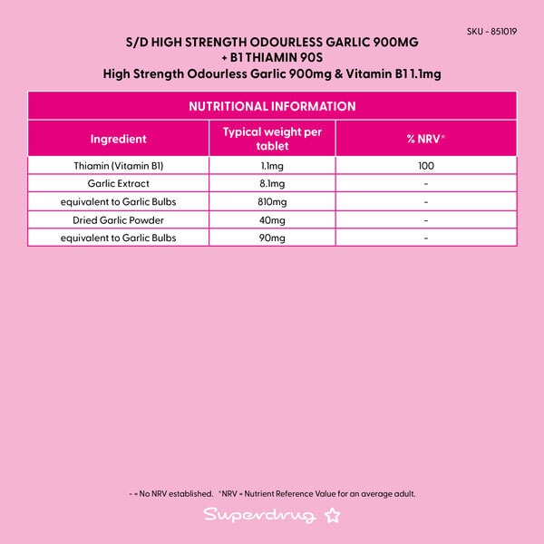 Superdrug High Strength Odourless Garlic 900mg + B1 Thiamin 90s
