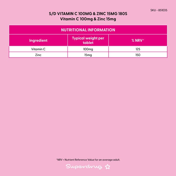 Superdrug Vitamin C 1000mg & Zinc 15mg 180s