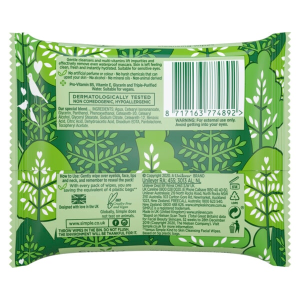 Simple Kind to Skin Biodegradable Cleansing Wipes 2x20pc