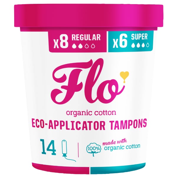 Flo Organic Cotton Applicator Tampons- 8 Regular + 6 Super