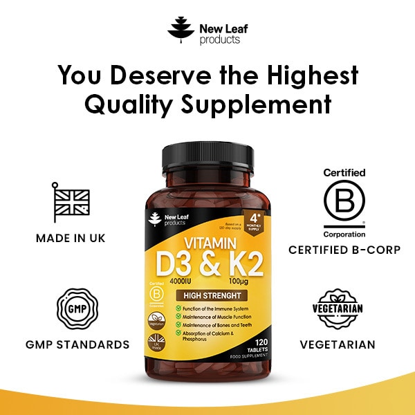 New Leaf Vitamin D3 & K2 Tablets D3 4000iu + K2 100mcg