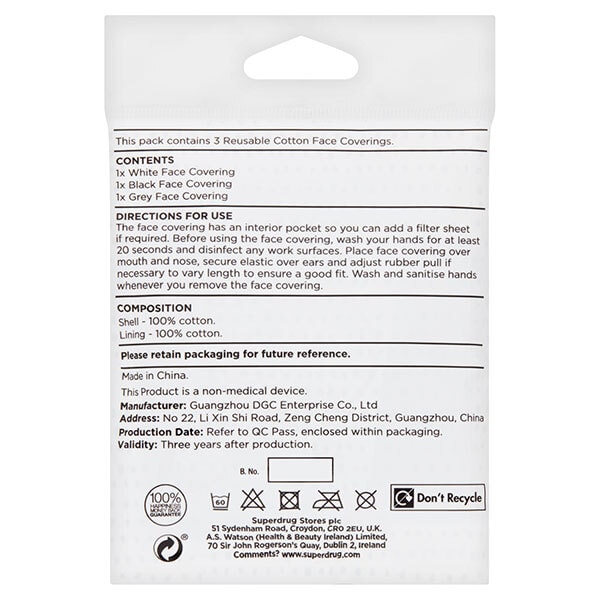 Superdrug 3 Reusable Cotton Face Coverings Black/White/Grey