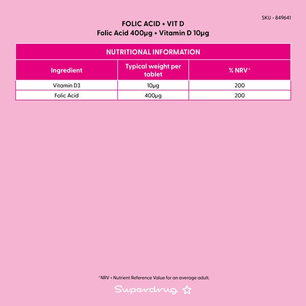Superdrug Folic Acid 400ug + Vitamin D 10ug 90s