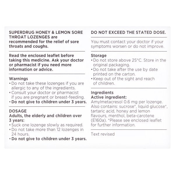 Superdrug Honey & Lemon Sore Throat 24 Lozenges