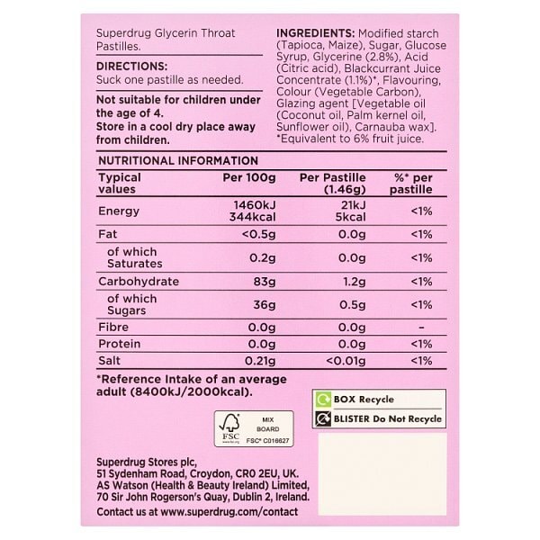 Superdrug Blackcurrant & Glycerine Pastilles 20s