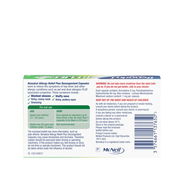 Benadryl Allergy Relief Plus Decongestant - 12 capsules