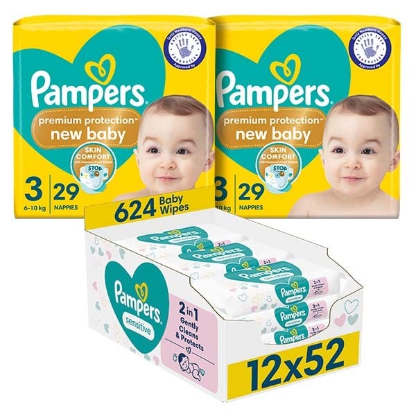 Pampers New Born Nappy Size 3 & Sensitive Wipes Bundle