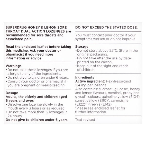 Superdrug Honey & Lemon Sore Throat Dual Action 24 Lozenges