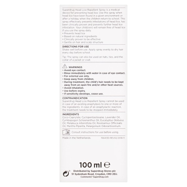 Superdrug Head Lice Repellent Spray 100ml