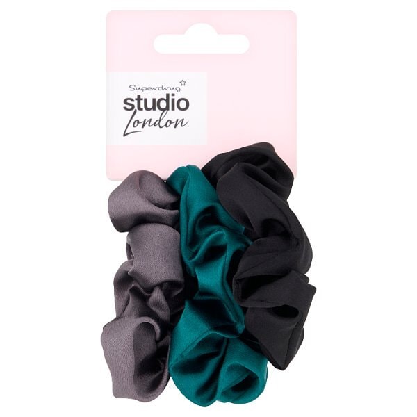 Studio London Green & Charcoal Satin Scrunchies 3 Pack