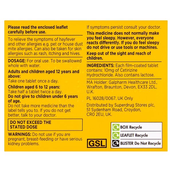 Superdrug Allergy & Hayfever 1 a Day Cetirizine Tablets X 14