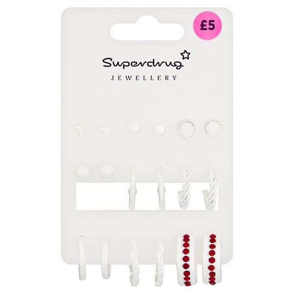 Superdrug Silver Tone Studs/Hoops Burgundy 9pk