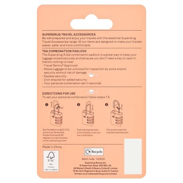 Superdrug TSA Combination Padlock
