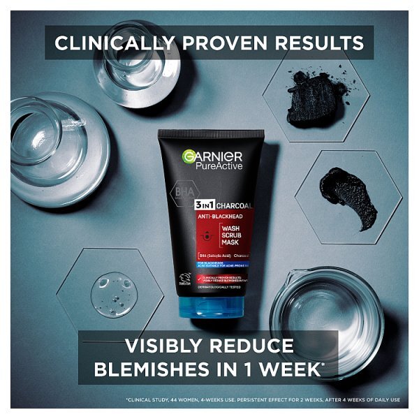 Garnier Pure Active 3in1 Charcoal Blackhead Mask Wash Scrub 150ml