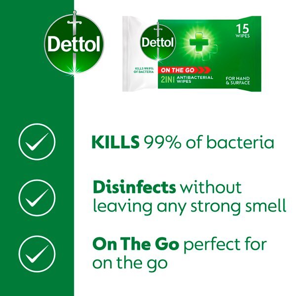 Dettol On the Go Hands and Surface Antibacterial Wipes 15s