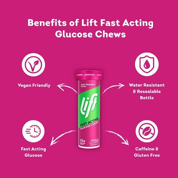 Lift 10 Juicy Raspberry Fast Acting Glucose Chews 10 tablets