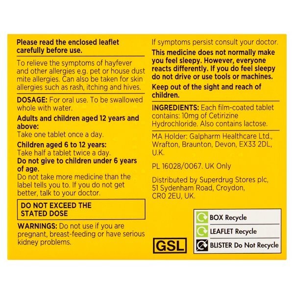 Superdrug Allergy & Hayfever 1 a Day Cetirizine Tablets X 30