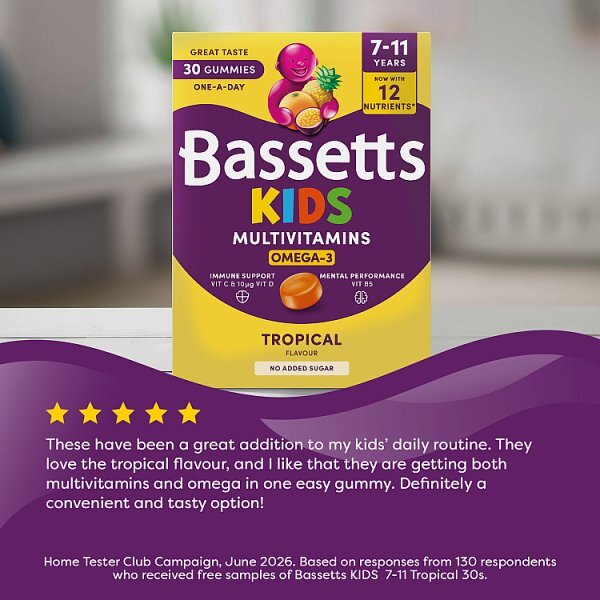 Bassetts Kids Multivitamins 7-11 Omega-3 Tropical 30S