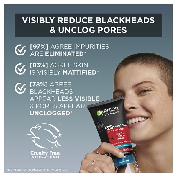 Garnier Pure Active 3in1 Charcoal Blackhead Mask Wash Scrub 150ml
