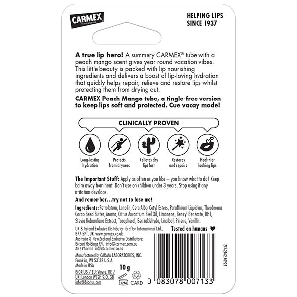 Carmex Peach And Mango Lip Balm 10g Tube
