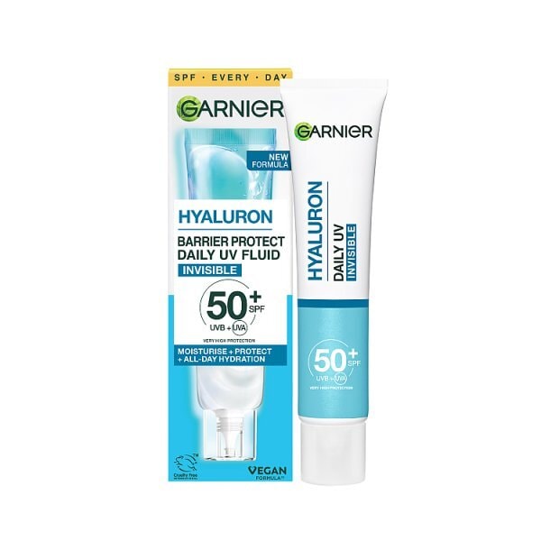 Garnier Hyaluron Barrier Protect Daily Uv Fluid with SPF50+. Approved Cruelty free Vegan 40ml