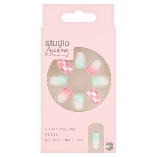 Studio London Flower Checkerboard Short Square Nails