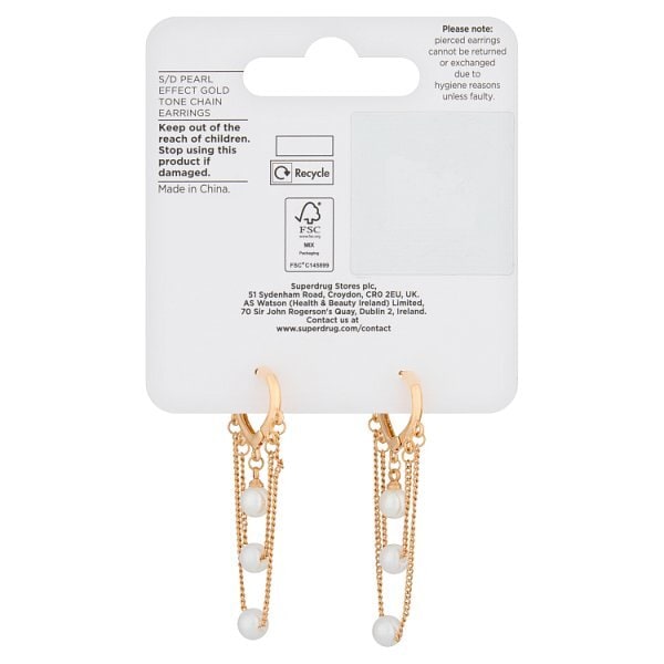 Superdrug Pearl Effect Gold Chain Earrings