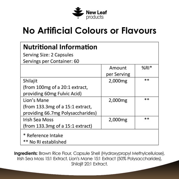 New Leaf Shilajit, Sea Moss & Lions Mane 6000Mg Vegan Caps