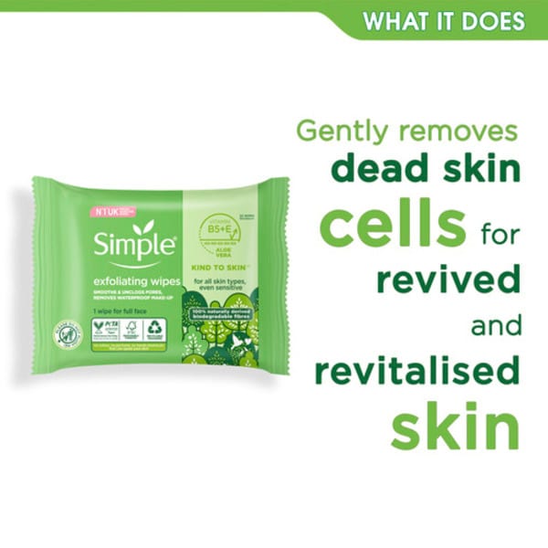 Simple Kind to Skin Biodegradable Exfoliating Wipes 20pc