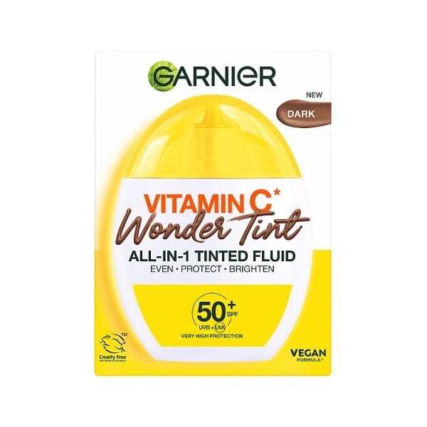 Garnier Vitamin C* Wonder Tint SPF50+, Dark Shade, All-In-1 Tinted Fluid, Even, Protect and Brighten Skin, 5% Vitamin C*, Niacinamide, Glycerin - 40ml