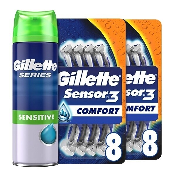 Gillette Sensor3 Disposable Razors & Shaving Gel Bundle (XXL)