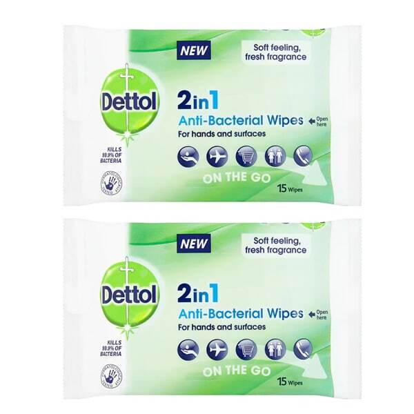 2x Dettol 2 in 1 Anti-Bacterial 15 Wipes