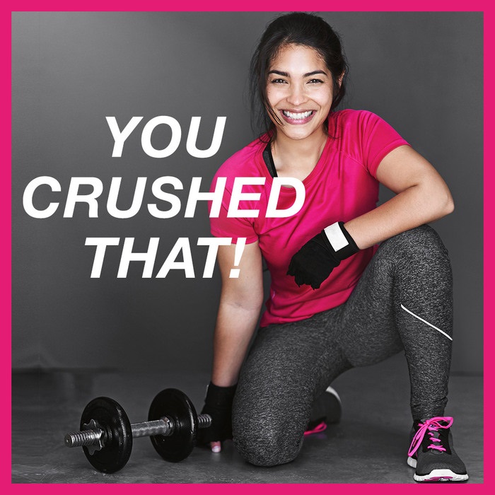 Woman in gym kit with text 'You Crushed That'