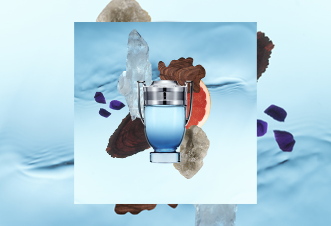 Paco Rabanne Invictus Aqua on a background showing the ingredients in the fragrance