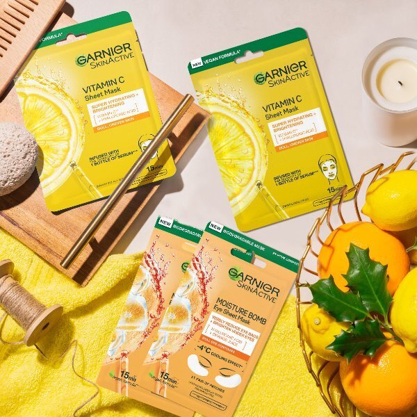 Image containing two Garnier vitamin c sheet masks and two Garnier eye sheet masks