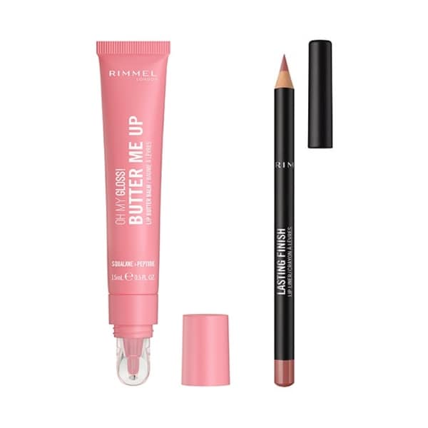 Rimmel Oh My Gloss! Butter Me Up - Bubble Gum + Lasting Finish 8hr Liner - 90s Nude Lip Bundle