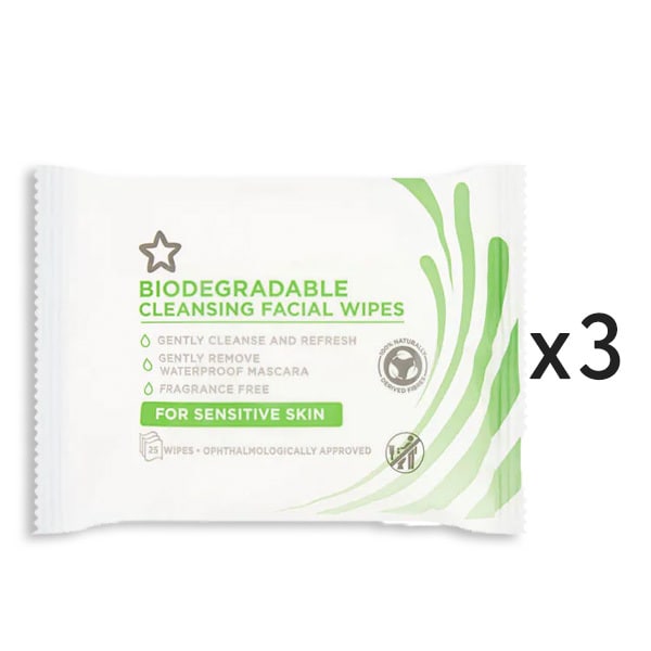 Superdrug Essential Cleansing Bio Face Wipes Sensitive Skin x 3 Bundle