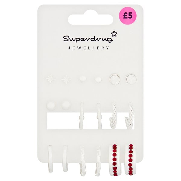 Superdrug Unisex Silver Tone Studs/Hoops Burgundy 9Pk