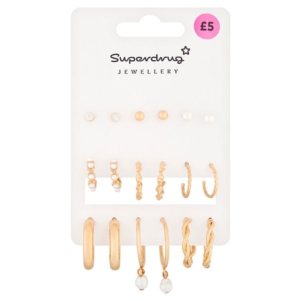 Superdrug Unisex Gold Tone Stud/Hoop 9Pk