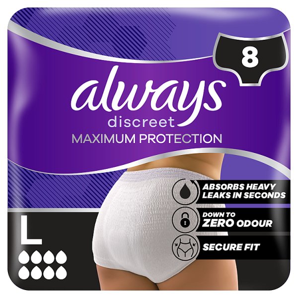 Always Discreet Unisex Heavy Incontin Maxi Pants 8 Drops Large 8Cx2