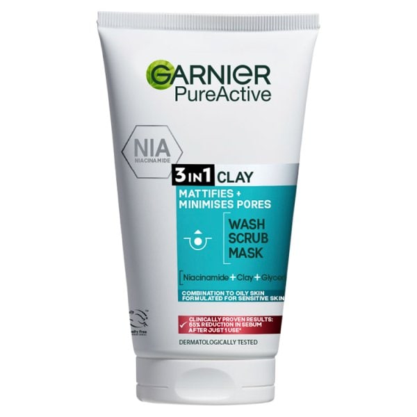 Garnier Pure Active 3-in-1 Clay Mask Scrub Wash Oily Skin 150ml