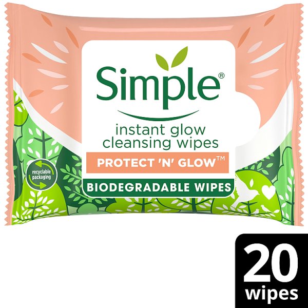 Simple Protect N Glow Biodegradable Wipes Instant Glow x 20