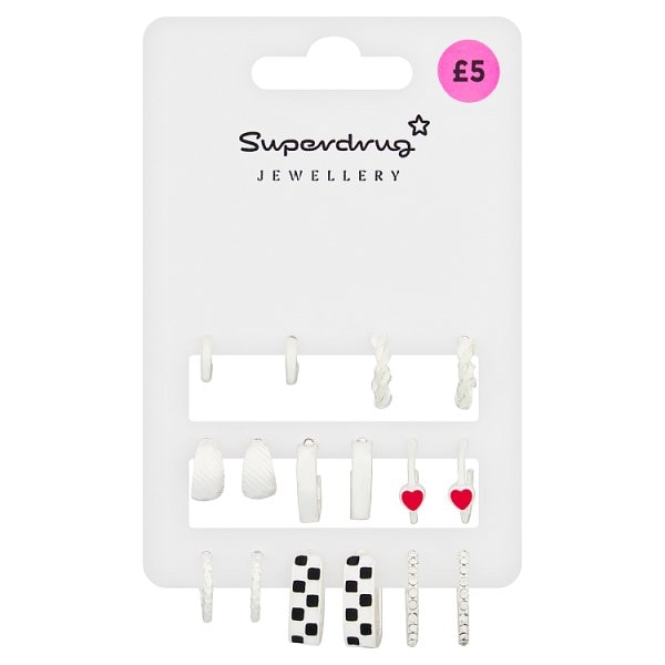 Superdrug Unisex Silver Checkerboard Multipack Tone Earrings 8Pk