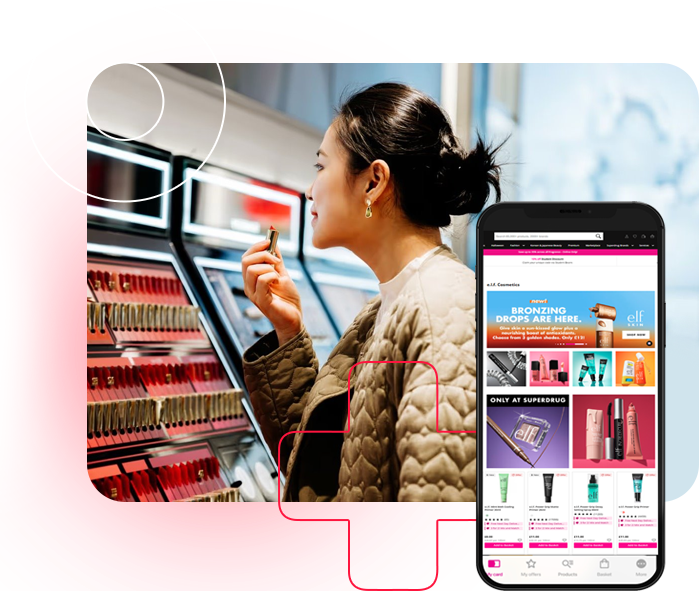 Optimo retail media campaign visual showing an in-store beauty shopper and an onsite Superdrug.com placement.