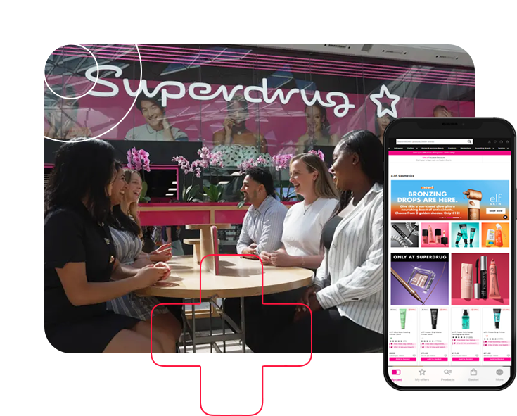 Optimo retail media campaign visual showing an in-store beauty shopper and an onsite Superdrug.com placement.